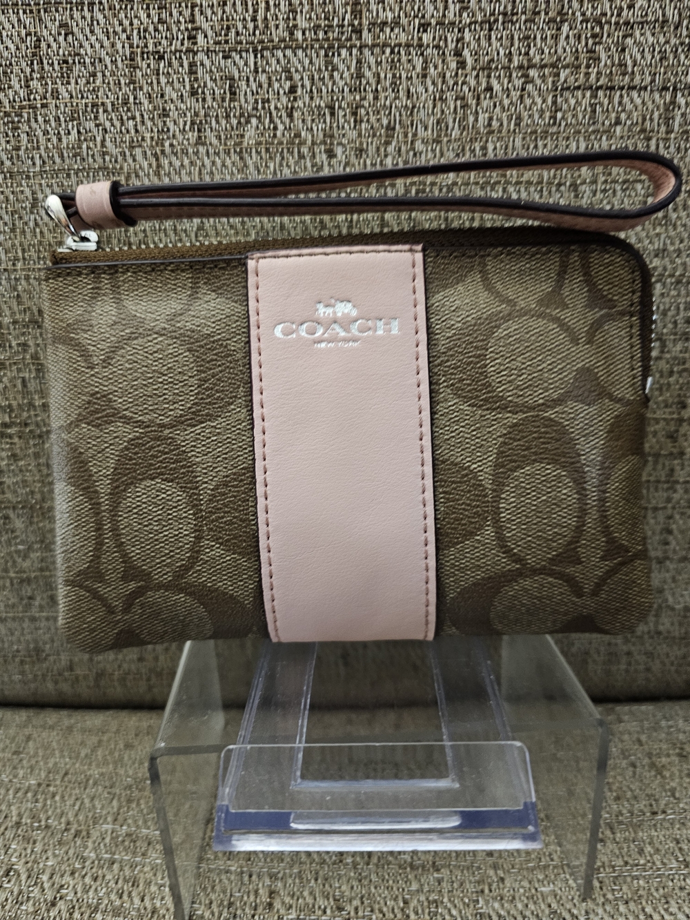 Coach Classic Signature In Tan, Brown and Light Pink Wristlet Pouch